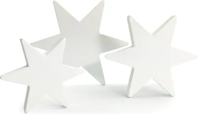 Three white wooden stars of different sizes are arranged on a white background.