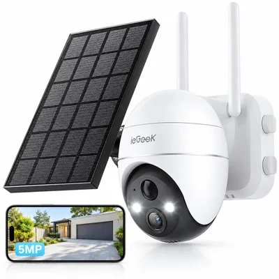 Zdjęcie produktu dla Kamera solarna zewnętrzna ieGeek 2K do monitoringu, zasilana akumulatorem, kamera zewnętrzna, obracana o 355°, detekcja ruchu PIR, zasięg 30 metrów, kolorowy obraz w nocy, oświetlenie i alarm dźwiękowy, dwukierunkowy system audio