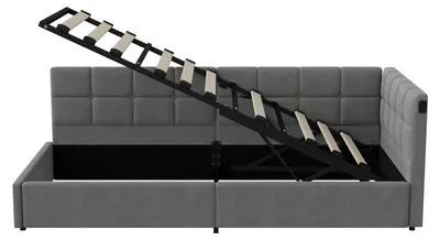 Produktbild von Polsterbett mit Stauraum - Einzelbett 90x200 cm - Hydraulischer Liftmechanismus - LED-Beleuchtung & USB - Samtbezug - Grau