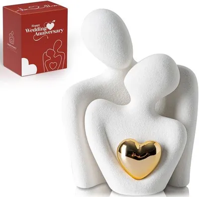 Zdjęcie produktu dla Mini ceramiczna para figurek z sercem – abstrakcyjny obraz miłosny i rzeźba dekoracyjna do salonu, sypialni, na stół lub blat – na rocznicę, Walentynki lub jako prezent ślubny