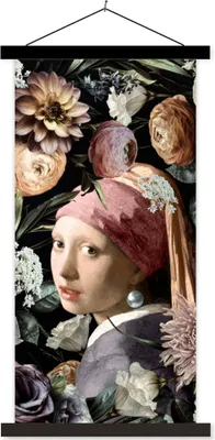 Produktbild von MuchoWow® Textilposter Mädchen mit Perlenohrring - Blumen - Vermeer - Pastell - Kunstwerk - Gemälde - Alte Meister 90x180 cm mit schwarzem Rahmen - Dekoration Wohnzimmer