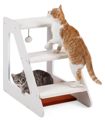 Produktbild von COSTWAY Hundetreppe 3 Stufen, Katzentreppe mit bequemem Katzenbett, Hängeball & Katzenlöchern, Gepolsterte Haustiertreppe, 54x33x48cm