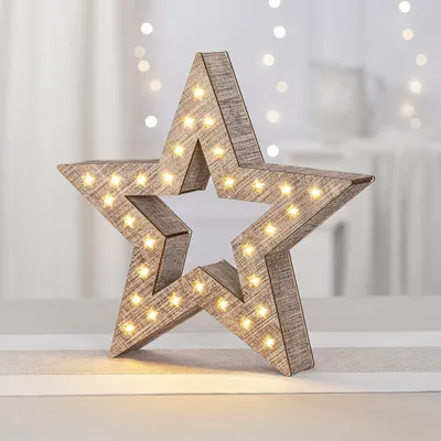 LED-Holzstern, 30 warmweiße LEDs, 30x29,5x5,3 cm, Vintage-Look