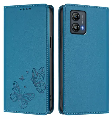 Produktbild von Lederhülle für Motorola Moto G53, Schmetterling Prägung Leder Brieftasche Schutzhülle mit Ständer Blau