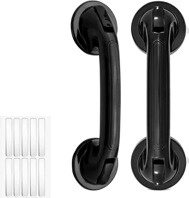 Image de Poignées d'appui avec ventouse - Poignées d'appui pour salle de bain - Offrent une meilleure adhérence - Installation sans perçage - Lot de 2 - Noir