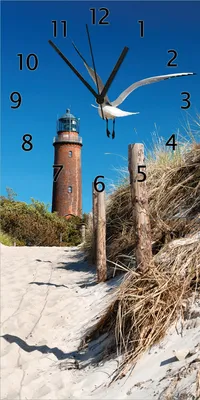 Produktbild von Wallario Design Wanduhr bedruckt, Größe 30 x 60 cm, Motiv: Möwe am Strand mit Leuchtturm