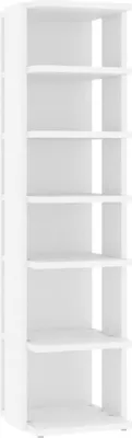 A white, multi-shelf bookcase is shown against a white background.