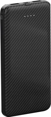 A black power bank with a carbon fiber texture.
