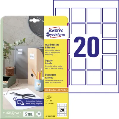 Produktbild von Avery Zweckform 6252REV-10 Quadratische Etiketten, ablösbar, A4, 45 x 45 mm, weiß