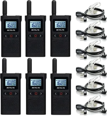 Obrázek produktu pro Retevis RB628 vysílačka s náhlavní soupravou, dobíjecí vysílačka, licence PMR446, 16 kanálů, 1500mAh, VOX, LCD displej, vysílačka pro školy, hřiště, vinárny(6 kusů, černá)