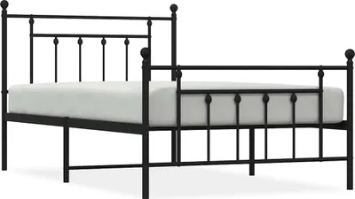 A black metal bed frame with a white mattress, shown from the side against a white background.