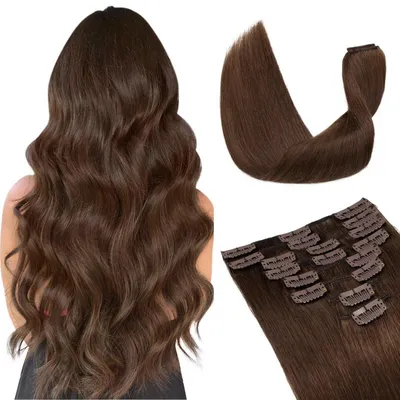 Produktbild von Clip in Extensions Echthaar 8 Stück 25 cm Braun 50g Remy 18 Clips 8 Tressen