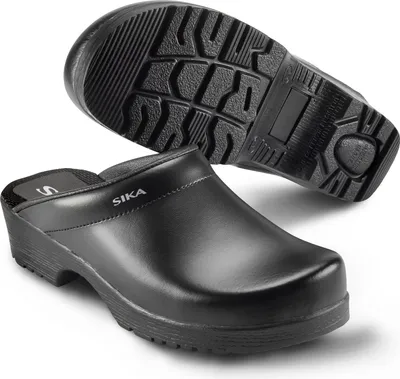 A pair of black Sika clogs, with one clog shown from the side and the other from the sole.