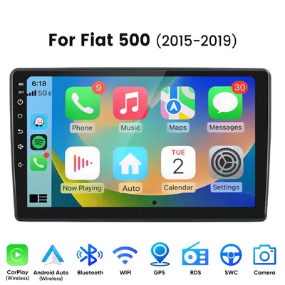 Immagine prodotto di Autoradio da 9" con CarPlay e Android 15, 2+64 GB, per Fiat 500: navigatore GPS, Wi-Fi, Bluetooth, DAB+, SWC, USB, DSP, RDS