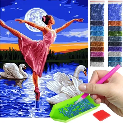 Produktbild von ARTULIO - Diamond Painting Set - Ballerina am See mit Schwänen bei Vollmond - 40 × 30 cm - Bilder DIY, Home Wand Deko, 5D Diamant Painting