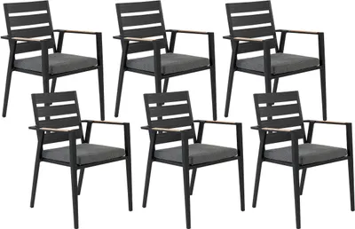 Produktbild von BELIANI Gartenstuhl 6er Set Schwarz Aluminium mit Sitzkissen Grau Stoff Armlehnen Holzoptik Stapelbar Modern Outdoor Indoor Terrasse Balkon Ausstattung