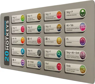 Produktbild von Windows Hotkeys Schreibtischunterlage 69x31cm XXL Mauspad - 20 Wichtige Hotkeys