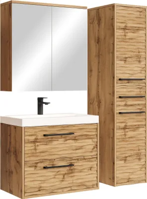 A bathroom vanity set with a sink, mirror cabinet, and tall cabinet, all in a wood finish.