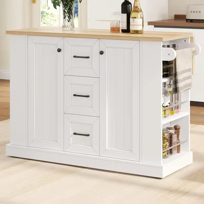 Imagen del producto de Isla de cocina STILVORA con encimera plegable, carro de cocina con estante de 3 niveles y 3 cajones, y armario con ruedas con freno
