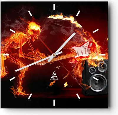 Produktbild von Wanduhr - Quadrat - Glasuhr - Feuer Instrument Skelett - 40x40cm - Schleichendes Uhrwerk - Lautlos - zum Aufhängen bereit - Dekoration Modern - Wanddekoration aus Glas - C3AC40x40-0210
