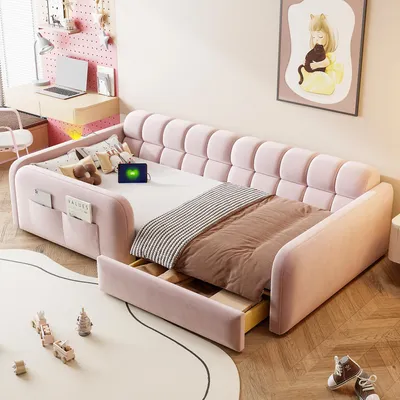 Productafbeelding van Gestoffeerd kinderbed met lade, nachtlampje, USB/USB-C, veiligheidsreling en hoofdbord in bankstijl, fluweel, roze