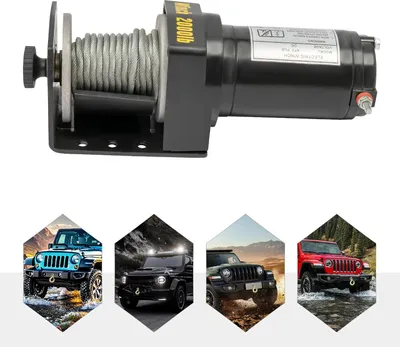 Obrázek produktu pro Elektrický naviják – 12 V DC zvedací/tažné zařízení – tažná síla 900 kg – IP67 – 0,4 kW – 4 m/min – 6 m ocelové lano – černá barva