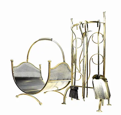 Produktbild von DIXIE STORE Kaminset Holzeimer Schaufel Besen Greifer Ständer - 4,5kg Gold