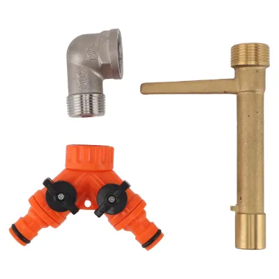 Productafbeelding van Snelkoppelingventiel sleutel G3/4, messing, met 2-weg waterslangverlenger. Snelkoppeling voor waterinlaat, sleutel voor tuinirrigatie