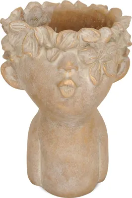 Produktbild von Pflanzentopf - Kopf mit Blumen-Krone Gesicht Zement braun gold