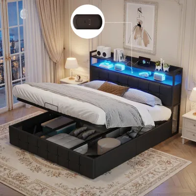 Obrázek produktu pro Postel INONEFT, 140x190 cm, čalouněná, s LED osvětlením a USB-C porty, boxspring postel s hydraulickým zvedákem a úložným prostorem, dětská dvojlůžko s roštem a úložným prostorem, barva: černá (PU)