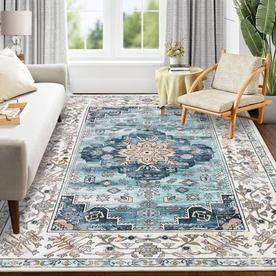 Productafbeelding van Woonkamer tapijt, 120 x 180 cm, wasbaar, kortpolig, vintage bohemien stijl, antislip, turquoise