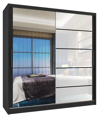 Immagine prodotto di BELINI Verona, armadio scorrevole da 158 cm, nero/bianco lucido - armadio con specchio e 2 cassetti, ideale per la camera da letto