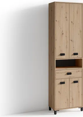 Produktbild von byLIVING Hochschrank Wellness, in Eichen-Optik, mit viel Stauraum, mit 1 offenem Regalfach, 1 Schubkasten und 4 Türen, Griff schwarz