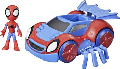 A Spidey and His Amazing Friends toy set featuring a Spidey figure and a transforming car, presented on a white background.