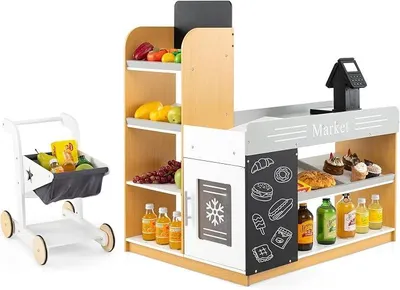 Imagen del producto de Tienda de juegos para niños, hecha de madera, con carrito de compras, pizarras y caja registradora. Puesto de venta de supermercado para niños a partir de 3 años