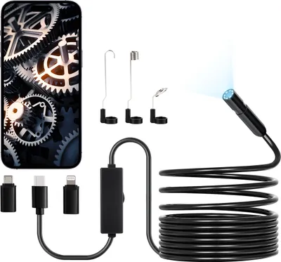 A product shot of an endoscope camera with its accessories and connectors, set against a white background.