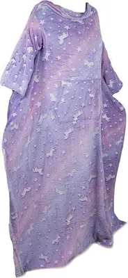 A unicorn and star patterned blanket with sleeves, displayed on a white background.
