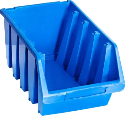 A blue plastic storage bin is shown against a white background.