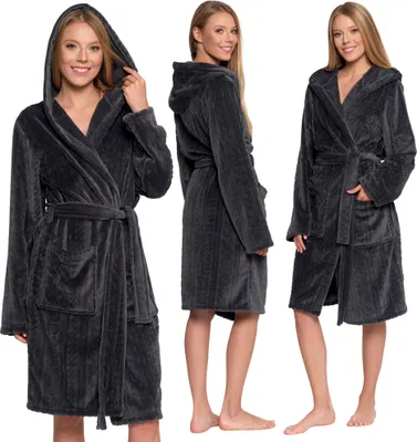 Produktbild von Moraj | Damen Morgenmantel Lang mit Kapuze | Warmer Fleece Bademantel Anthrazit | Weich & Kuschelig | Größe XXL