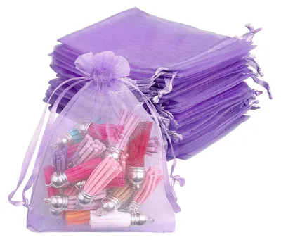 Produktbild von 100 Stück Organzasäckchen, 12x9cm Organzabeutel Schmuckbeutel mit Kordelzug DIY Lavendelsäckchen Geschenksäckchen zum Befüllen für Hochzeit Ramadan Deko Ostern Geburtstag Taufe (Lila)