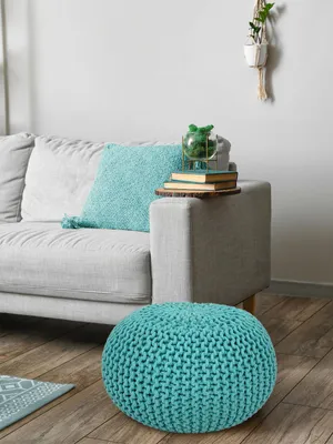 Zdjęcie produktu dla Pouf – ręcznie robiony puf z dzianiny z bawełny pochodzącej z recyklingu, ekologiczny, średnica 55 cm, kolor miętowy