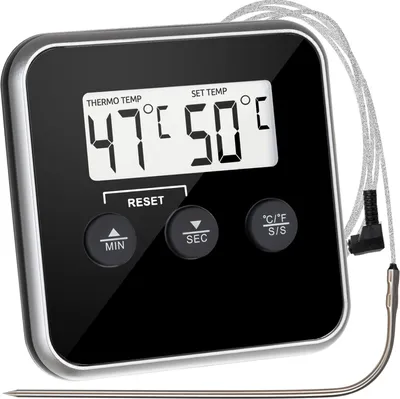 A digital kitchen thermometer with a probe.