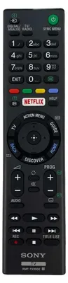 A close-up studio shot of a black Sony TV remote control.