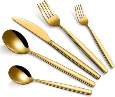Produktbild von Unyqoos® 30-teiliges Besteckset Gold für 6 Personen – Edelstahl, 6 Messer, 6 Tafelgabeln, 6 Löffel, 6 Teelöffel, 6 Dessertgabeln, spiegelpoliert, spülmaschinenfest