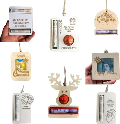 Collage aus verschiedenen hölzernen Weihnachtsgeldgeschenkhaltern, einige mit Lindor-Schokoladen und Banknoten