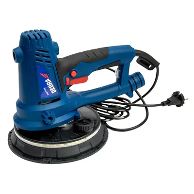 A blue and black power tool, a drywall sander, is shown against a white background.