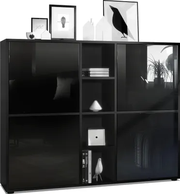 Produktbild von Vladon Highboard Cuba V3,  Germany, Schwarz matt/Schwarz Hochglanz - Moderne Anrichte mit 12 Fächern (130,5 x 105,5 x 35,5 cm)