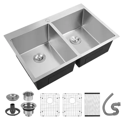 Produktbild von Küchenspüle - Einbau Doppelbecken - 84x56 cm - Edelstahl 304 16 Gauge - Schalldämmung mit Abtropfgitter - 1 Hahnloch ohne Armatur