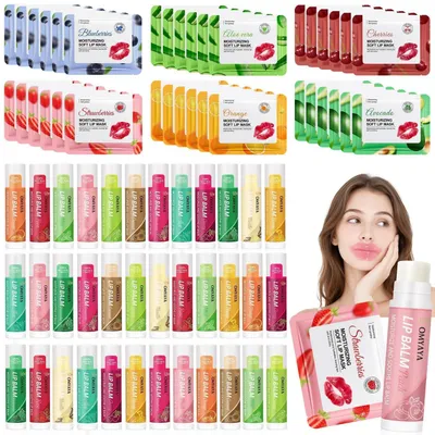 Produktbild von Lippenpflege Set 72 Stück mit Lippenbalsam und Lippenmasken, Vitamin E, Kokosöl, 6 Frucht-Düfte