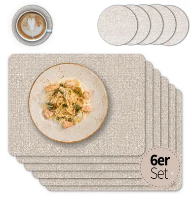 Produktbild von Tischsets mit Glasuntersetzer 6er Set Beige Leinen Stoff-Optik